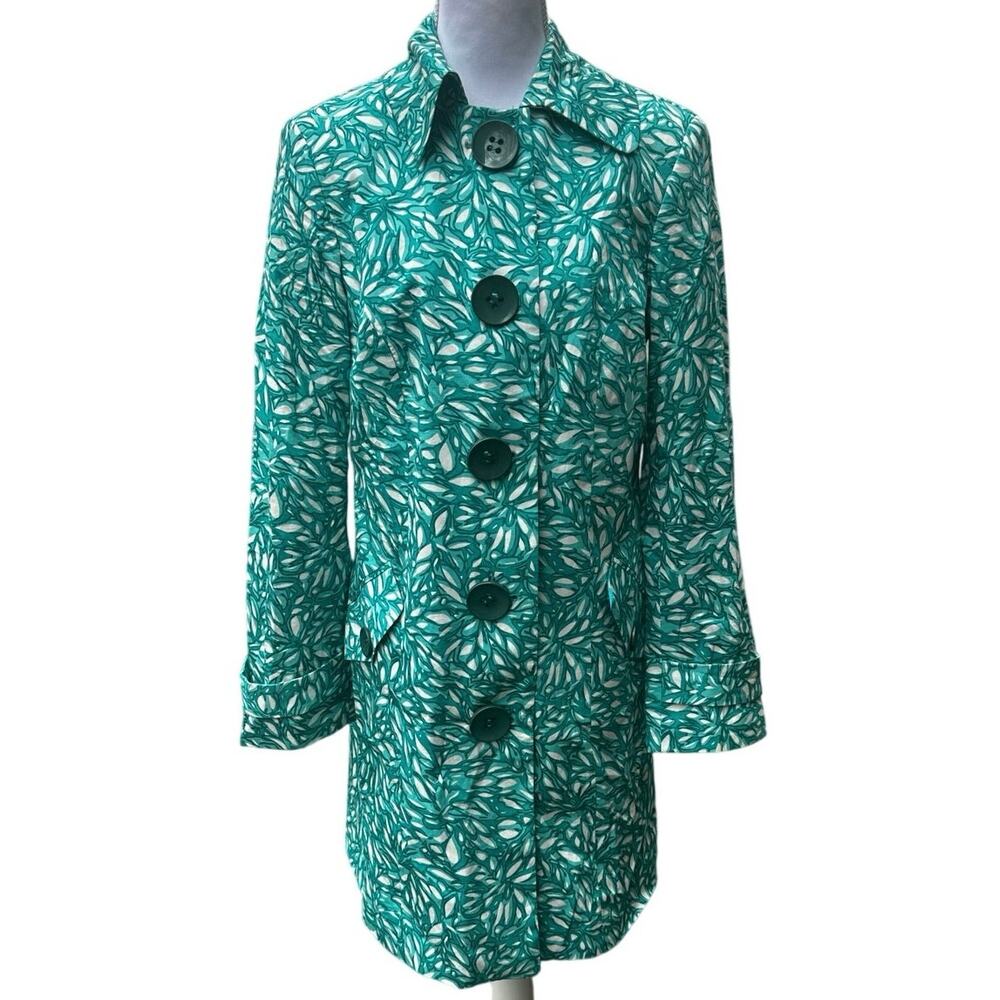Vintage Milly Size 10 Teal Abstract Floral Tie Waist Midi Button Trench Coat